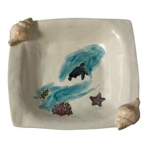 Coastal Ceramic Turtle Shell Dish with Seashell Corners Nautical Decor